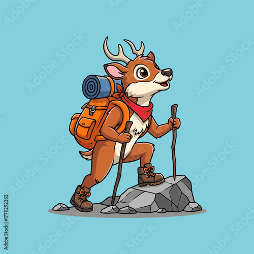 Cartoon Deer Trekking on Mountain with Backpack Adventure Cute Character Hiking