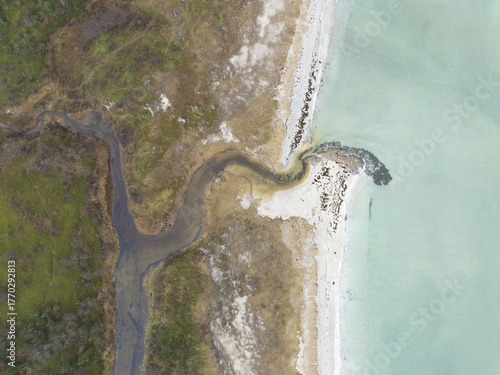 Aerial view of a sinuous stream meeting the pale turquoise sea, where the rugged coastline contrasts with the smooth water, Reine, Nordland, Norway.