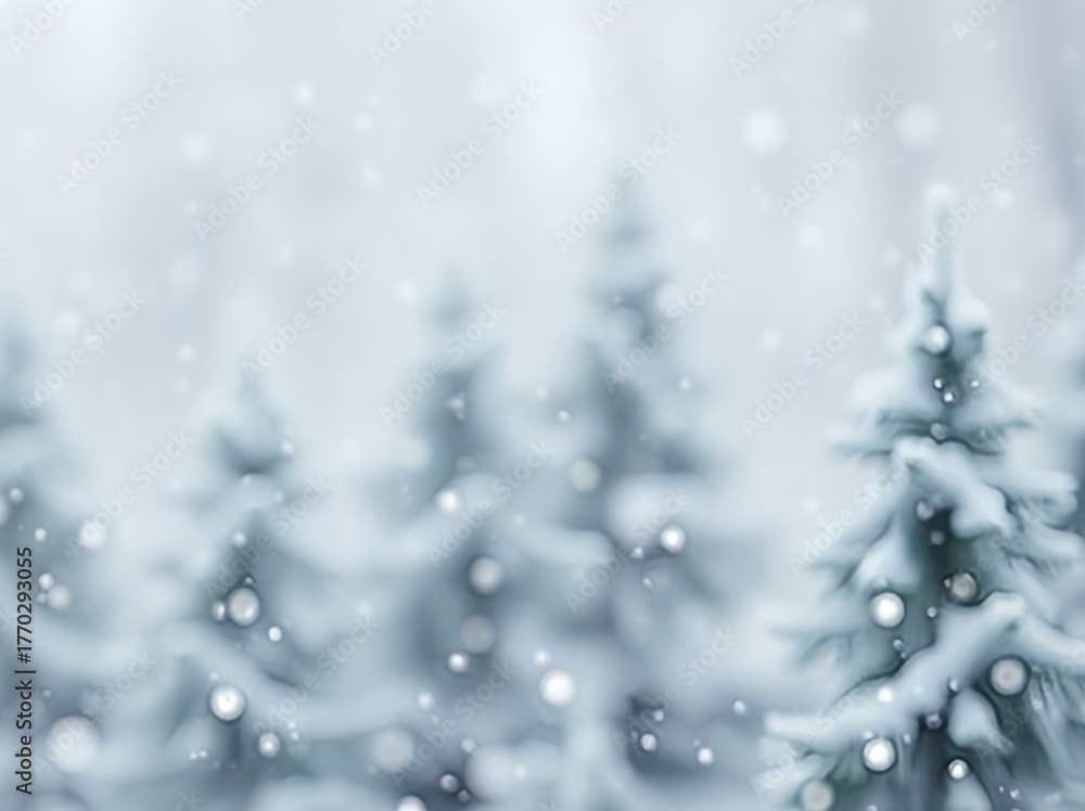 Obraz premium Snowy winter forest with blurred pine trees and falling snow