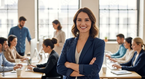 Confident young businesswoman smiling with her arms crossed in a busy modern office with her team working in the background.
