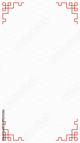 Red oriental Japanese letter ornament frame on white cloud wave background, traditional asian decorative border line art illustration, vertical various luxury Chinese design style element