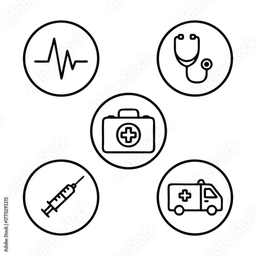 Medical and Healthcare Icons: Heartbeat, Stethoscope, First Aid Kit, Syringe, and Ambulance