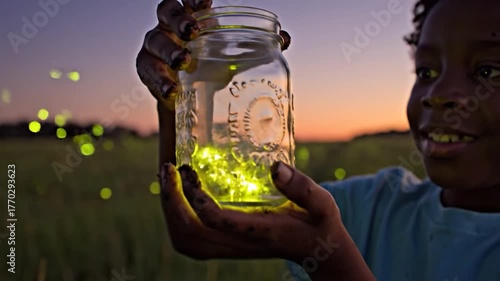 Young boy holding a jar filled with glowing fireflies at dusk in a field.