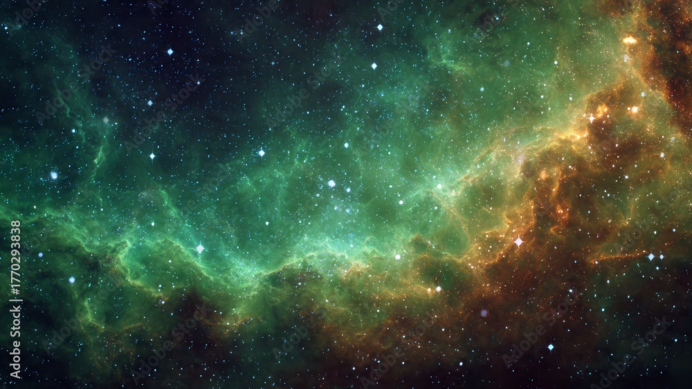 Obraz premium Swirling green and orange cosmic nebula filled with distant stars and celestial clouds