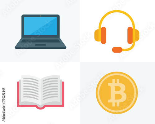 Digital Tools, Learning & Cryptocurrency Flat Icons Set