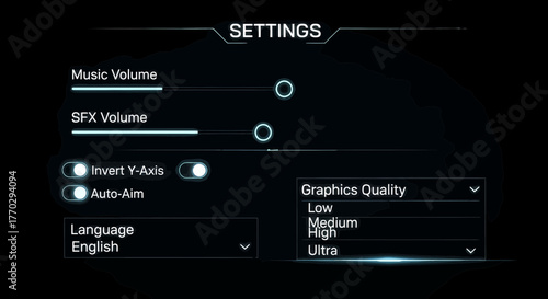 Futuristic Settings Panel For Video Game Interface Configuration