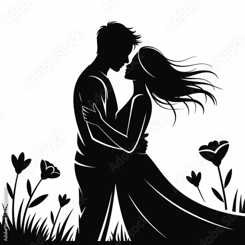 Romantic Couple Embrace Silhouette with Flowing Hair and Flowers