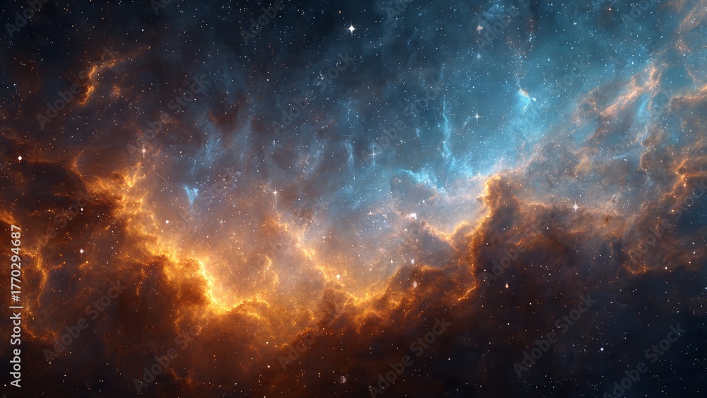 Naklejka premium Deep space nebula with vibrant orange and blue cosmic clouds amidst countless distant stars