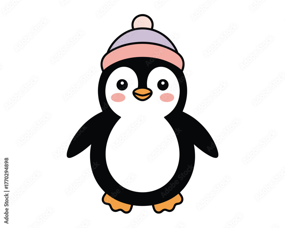 Obraz premium Cute Cartoon Penguin with Winter Hat Illustration
