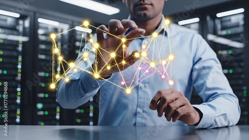 Tech Professional Interacting with Futuristic Holographic Data Network in Server Room Visualizing Big Data AI Cloud Computing IT  Digital Transformation Concept