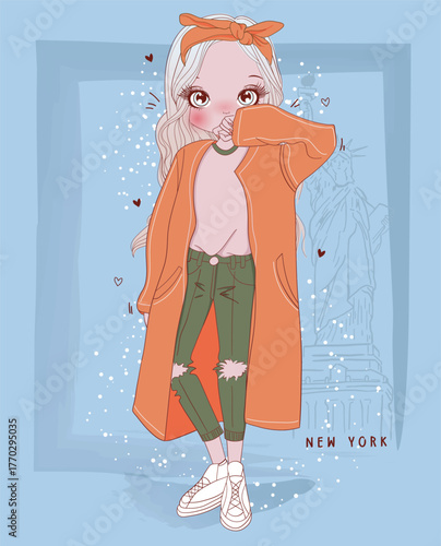 A fashionable girl in a warm, oversized coat, showcasing a modern and trendy style while hinting at the iconic beauty of New York City in the backdrop.