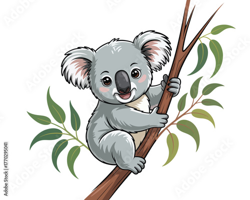 Cute Cartoon Koala Bear Clinging to Eucalyptus Tree Branch Illustration