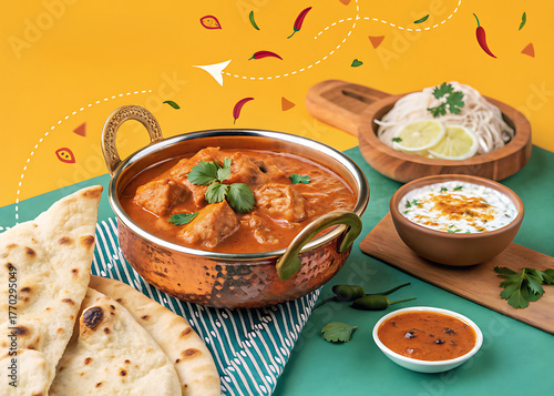 Butter chicken curry in copper bowl with naan and chutney, Indian restaurant poster, bright background