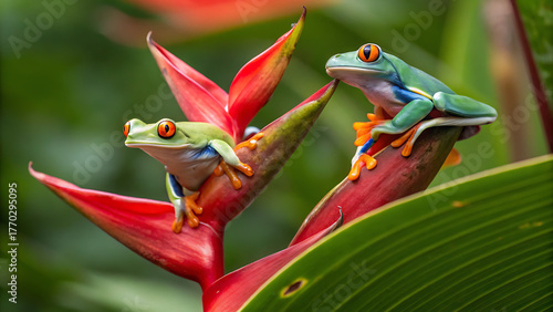 Two redeyed tree frogs perched on a vibrant red heliconia flower, showcasing the beauty of costa ricas rainforest and its unique wildlife diversity