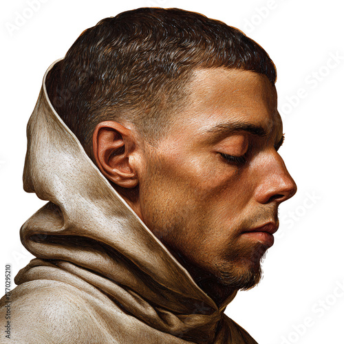 Contemplative young adult man with closed eyes in hooded robe, evoking peace and introspection in a portrait of spiritual reflection