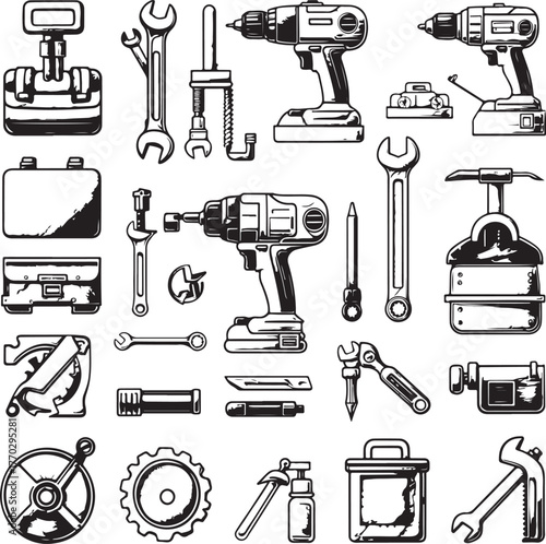 Tools and equipment collection drills wrenches