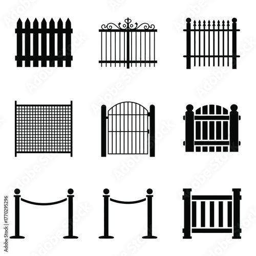 Diverse Fence and Gate Silhouettes with Crowd Control Barriers Icons