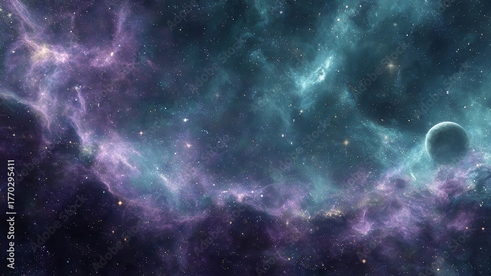 Fototapeta premium Distant planet orbits through swirling purple and teal nebulae filled with twinkling stars