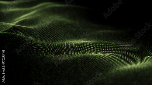 Yellow wave of particles and lines. Big data visualization. Abstract background with a dynamic wave. 3d rendering.