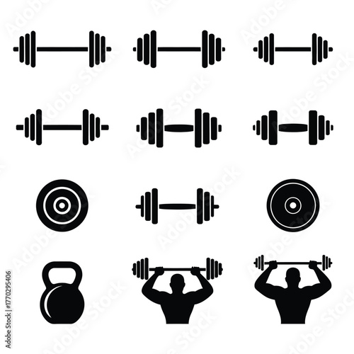 Gym and Fitness Equipment Icons Set - Dumbbells, Barbells, Kettlebell