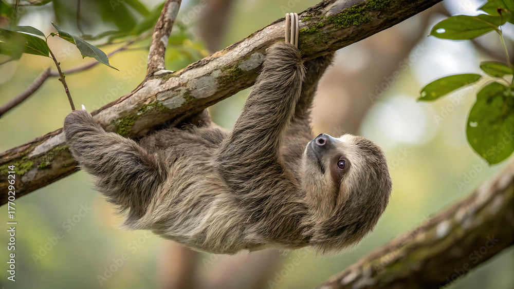 Fototapeta premium A cute sloth hangs upside down from a branch in the rainforest, its fur is a mix of brown and gray, and it looks relaxed and peaceful in its natural habitat