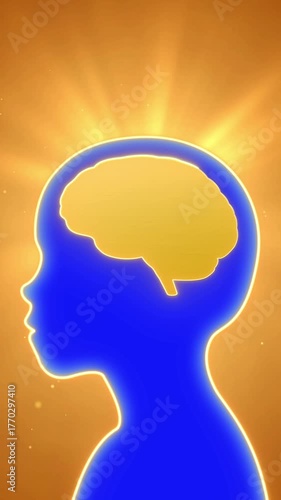 Kid with golden smart brain background, children study growth critical thinking concept, deep learning education development in young child, high Intelligence idea and creativity 3d animation