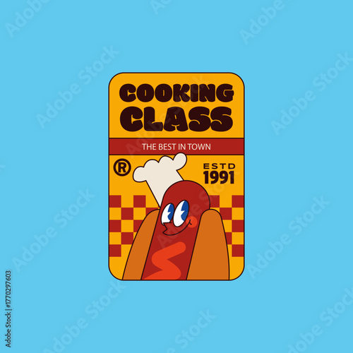 This logo for a cooking class features a playful hot dog character, emphasizing fun and culinary education, making it appealing to food enthusiasts and learners.