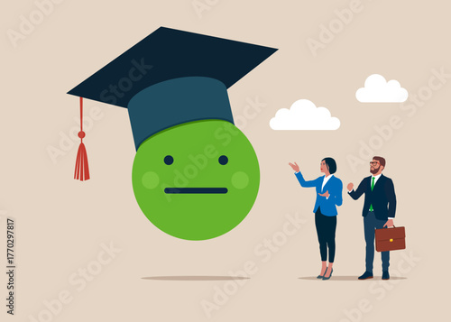 Student emoji. Not very happy emoticon in an academic hat. Graduation emoticon. Emoji with graduation hat. Smiley face. Smiley face wearing mortar board. Vector flat illustration