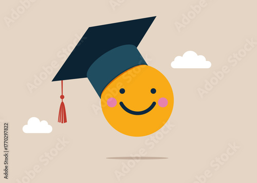 Student emoji. Happy emoticon in an academic hat. Graduation emoticon. Emoji with graduation hat. Smiley face. Smiley face wearing mortar board. Vector flat illustration