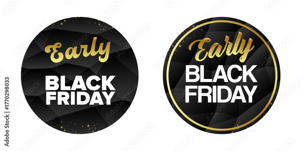 Fototapeta premium Early Black Friday SALE black and golden sticker set isolated on white. Early black friday Price sale sticker, sale sticker, price tag, sale or discount sticker, badge set, shopping label png