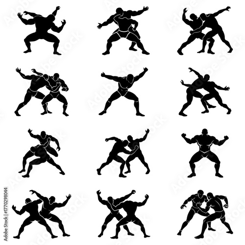 Dynamic sumo wrestling silhouettes showcase strength and tradition, perfect for sports promotions, cultural events, and martial arts designs: Vector origin