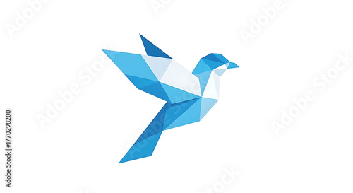 Blue origami bird with geometric shapes symbolizing freedom and peace background
