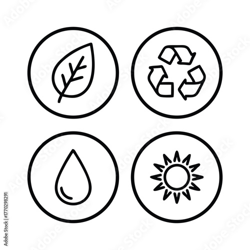 Environmental and Natural Resources Icons: Leaf, Recycle, Water, and Sun