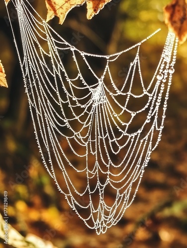 Close-up view of an intricate spiderweb adorned with glistening dew drops in a serene autumn forest setting during early morning light