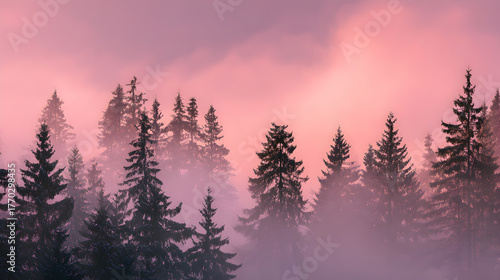 Surreal Forest Silhouette with Pastel Haze
