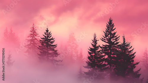 Ethereal Pine Trees in Misty Winter Landscape