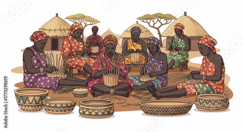 African Women Crafting Baskets in Village Community Handcraft Tradition