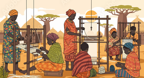 African Women Weaving Traditional Cloth On Looms In Village Setting