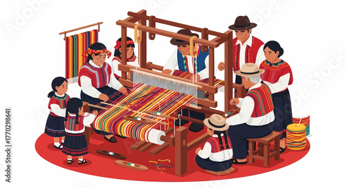 Andean Weavers Crafting Textiles On Traditional Loom Together As Family