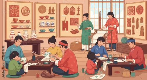 Artisans At Work Demonstrating Traditional Crafts In An Exhibition Hall