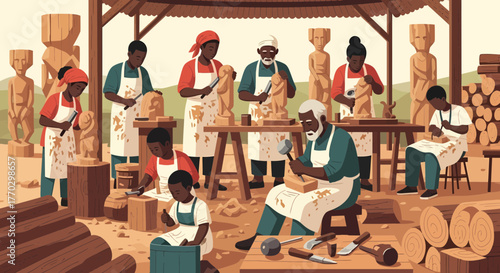 Artisans Carving Wood Statues In an Outdoor Workshop Setting