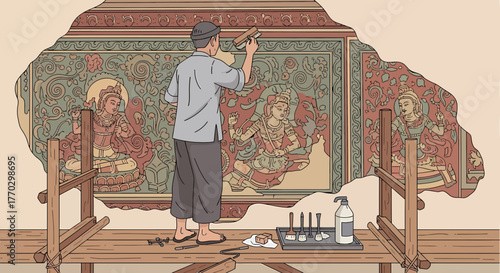 Artist Restoring Ancient Temple Mural In Southeast Asia