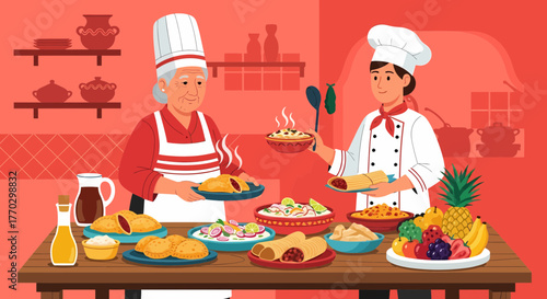 Chefs Presenting Delicious Traditional Latin American Dishes On Table