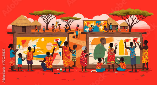 Community Art Project With Indigenous People Painting A Mural