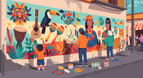 Community Mural Creation In Vibrant Urban Environment With People Painting