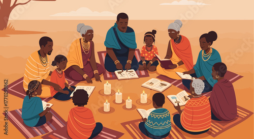 Community Elders Teach The Children Using Ancient Books And Candlelight