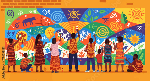 Community Mural Painting Together, Creative Expression With Vivid Artwork