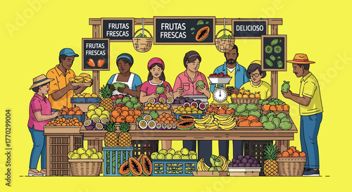 Diverse Community Buying Fresh Fruits At A Vibrant Farmers Market
