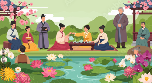 Elegant Hanfu Gathering At A Picturesque Lotus Pond In Ancient China