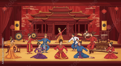 Elegant Traditional Chinese Dance Performance On Stage Backdrop